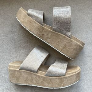 J Slides NYC Quincy Metallic Gold Brushed Suede Platform Sandals Women US 9.5 M
